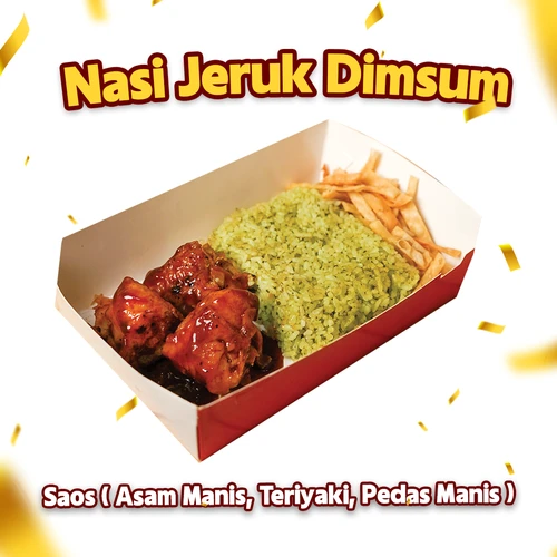 Paket Nasi Jeruk Dimsum Saos (Pedas/Asam) manis + Es teh